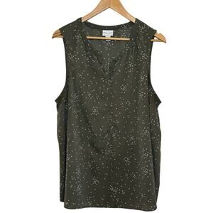 Ava & Viv  Olive Green White Whimsy Plus Size 1X Sleeveless Crepe Blouse